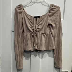 Lulu's Taupe Ribbed Tie-Front Blouse